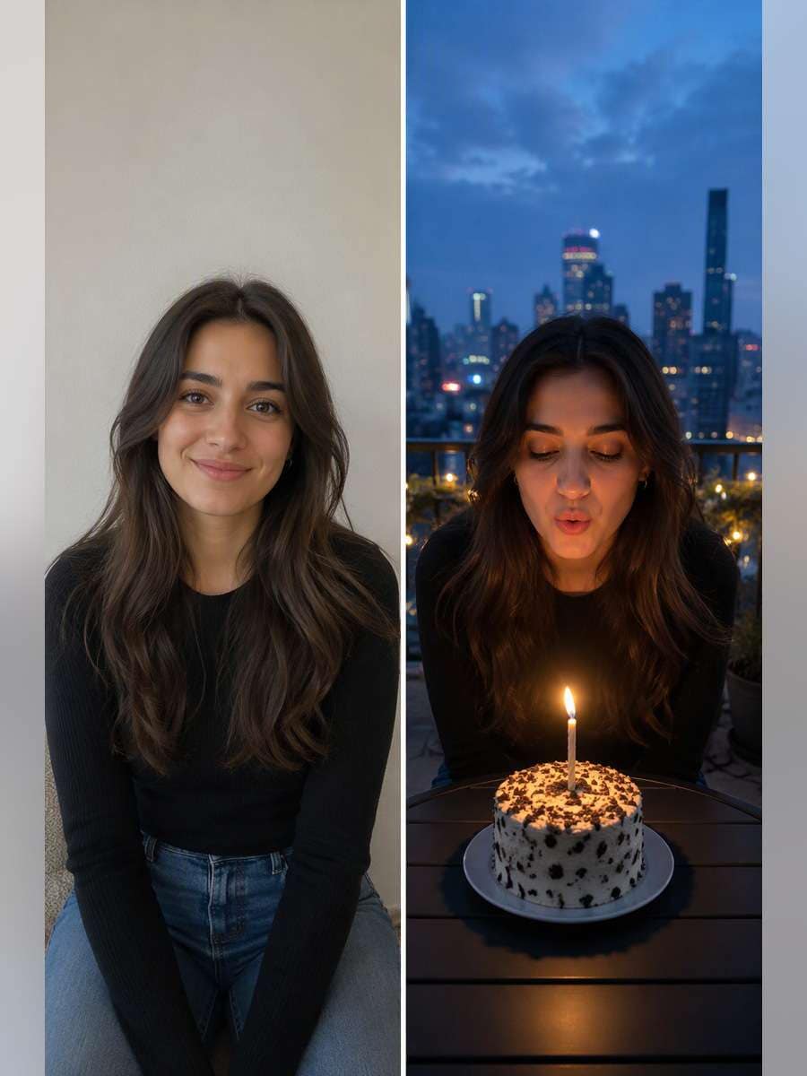 Blue-Hour Balcony Cake — illustrative image-to-image before and after