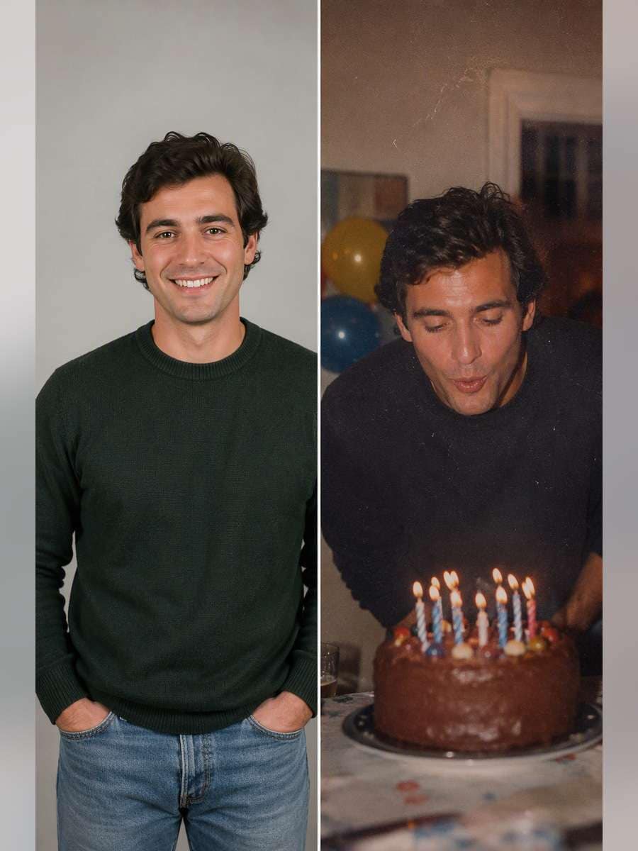 Old-Film Birthday Memory — illustrative image-to-image before and after