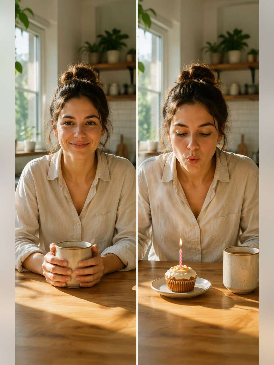 Tiny Cake Birthday Morning — illustrative image-to-image before and after