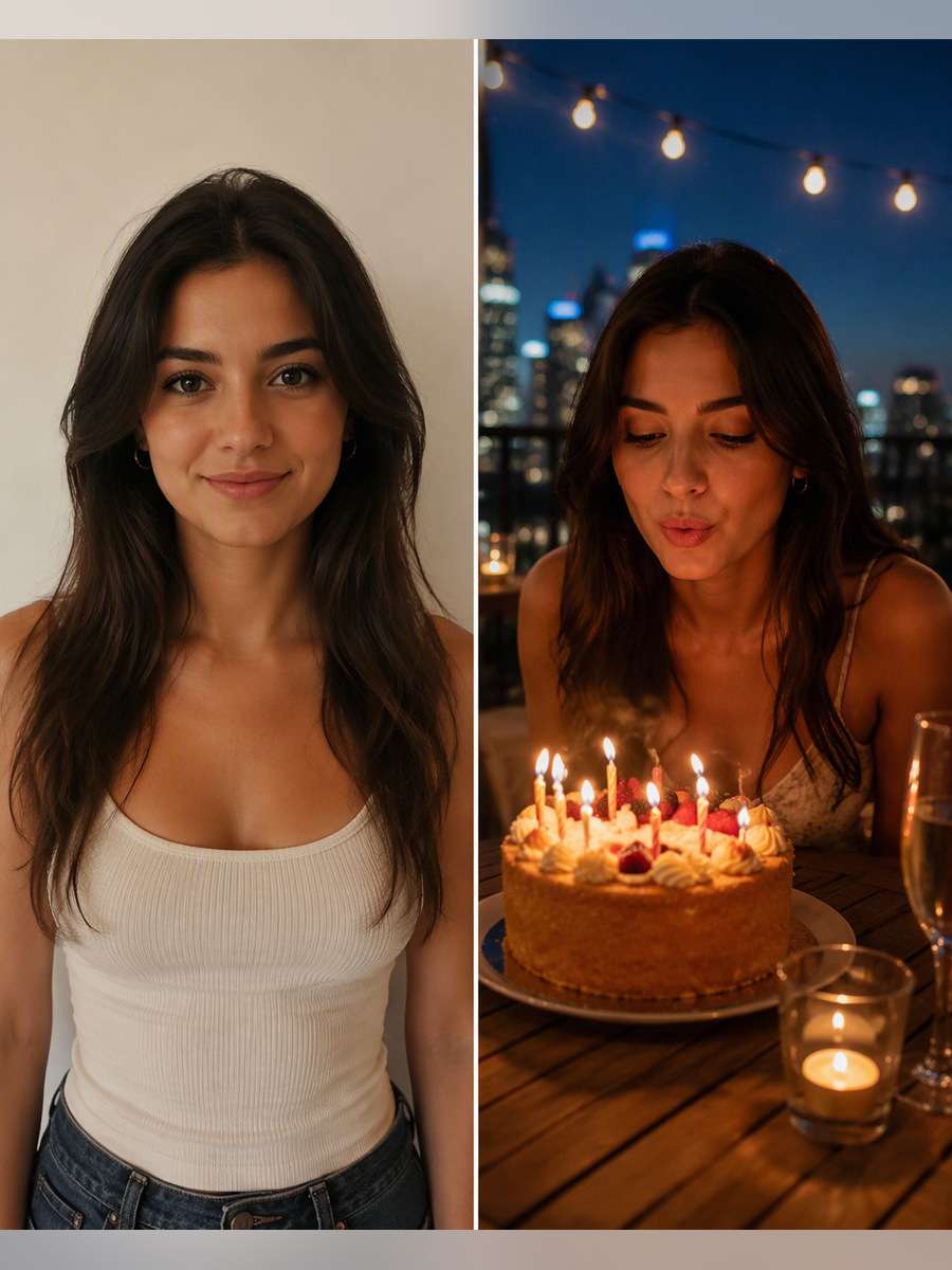 Rooftop Birthday Night — illustrative image-to-image before and after