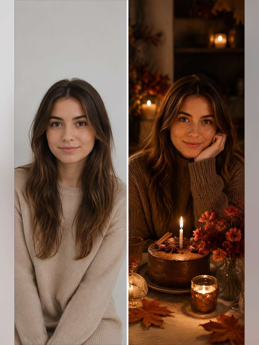 Autumn Candlelit Table — illustrative image-to-image before and after