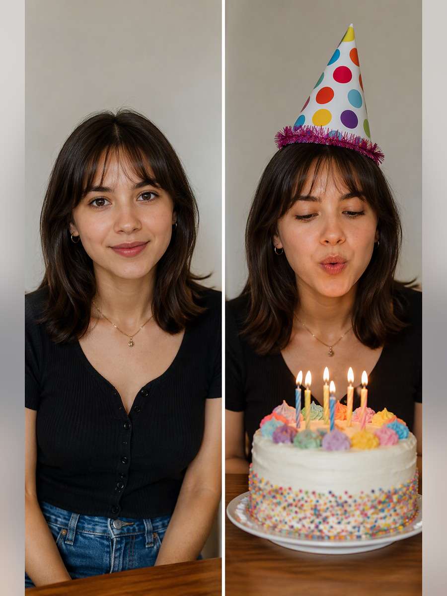 Retro Party Hat Portrait — illustrative image-to-image before and after