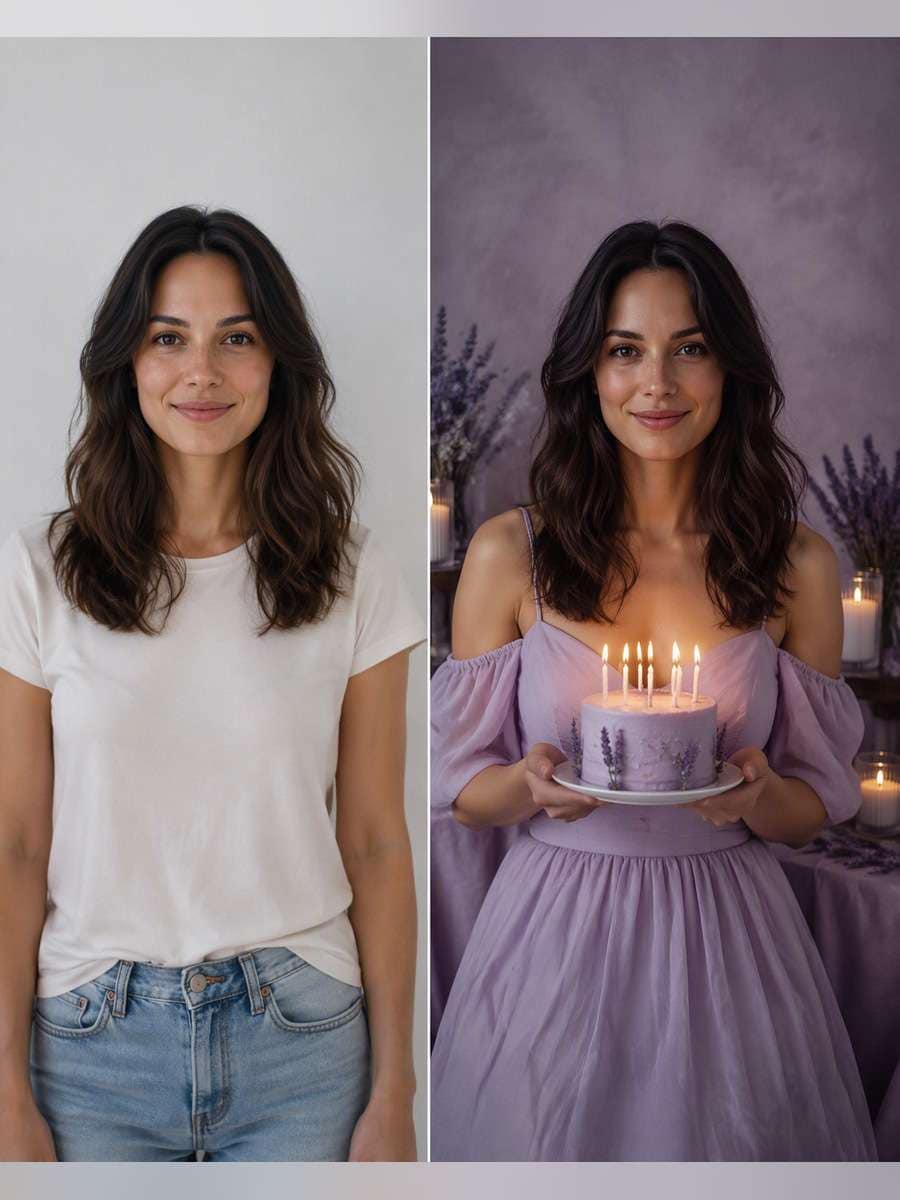 Lavender Studio Candlelight — illustrative image-to-image before and after