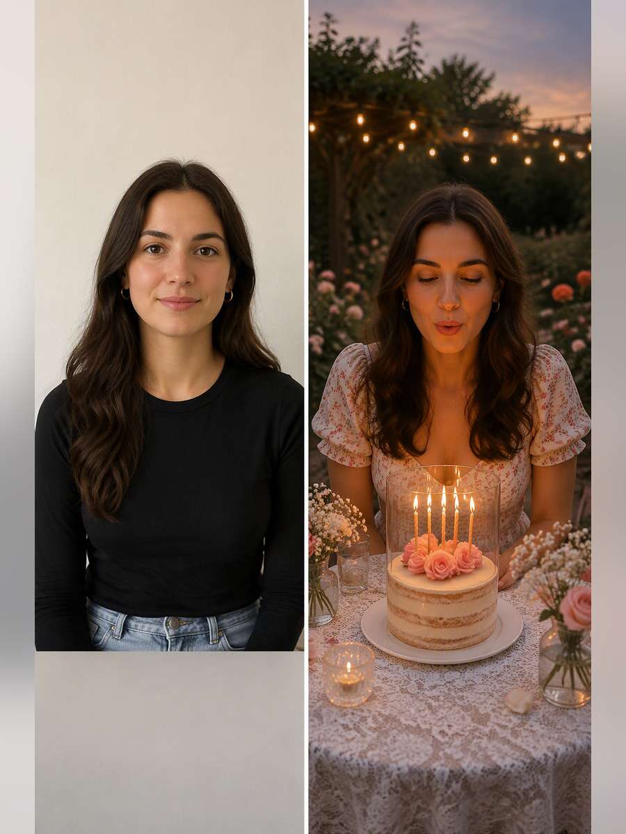 Birthday Wish in a Garden — illustrative image-to-image before and after