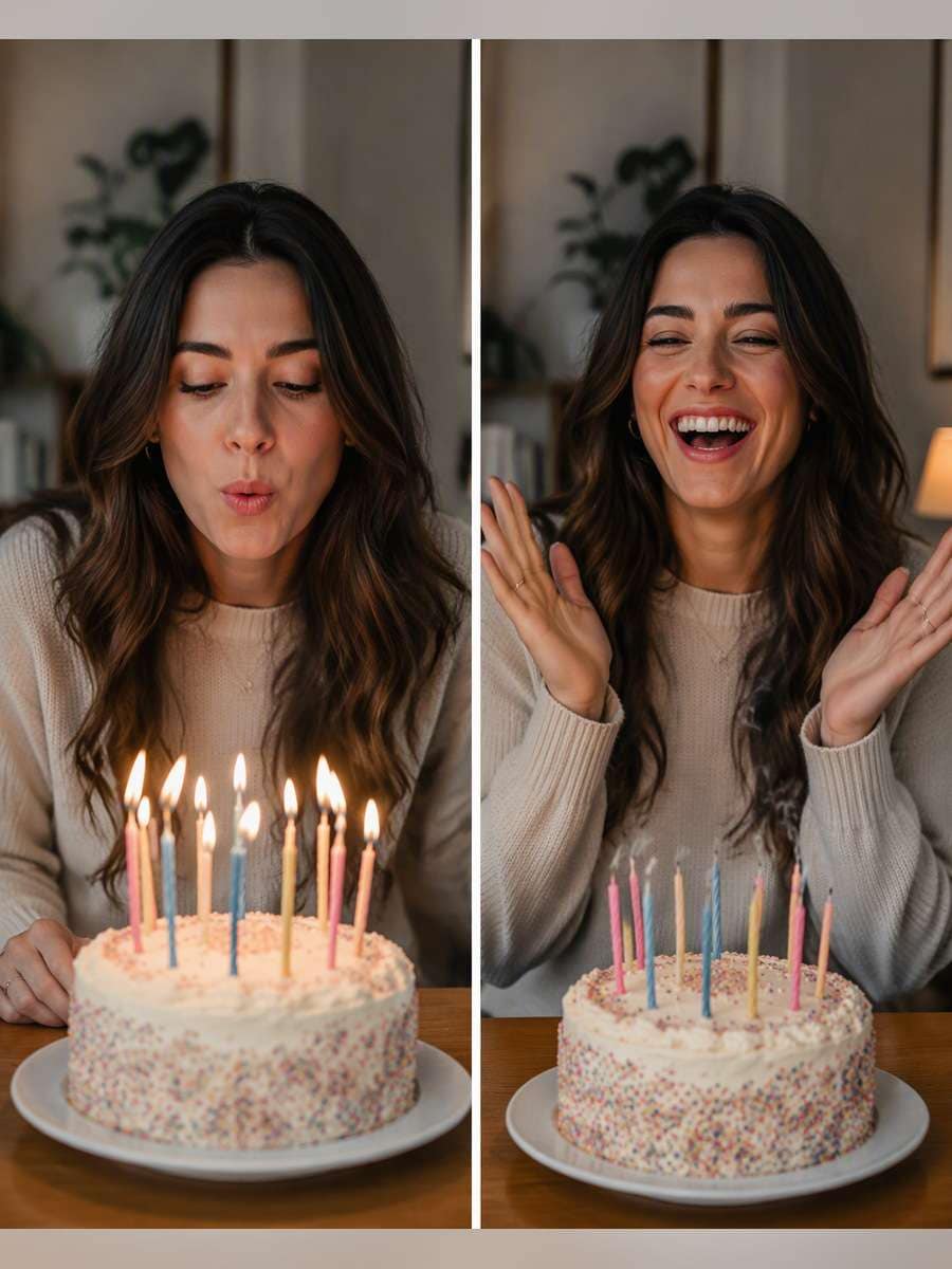 Unposed Birthday Laugh After Wish — illustrative image-to-image before and after