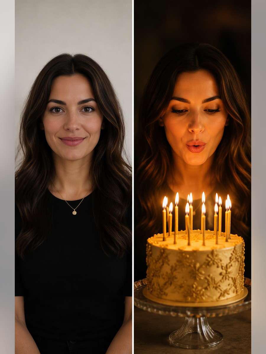 Golden Birthday Cake Close-Up — illustrative image-to-image before and after