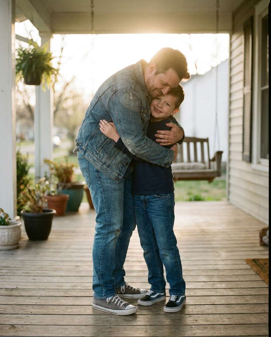 golden hour porch hug photo