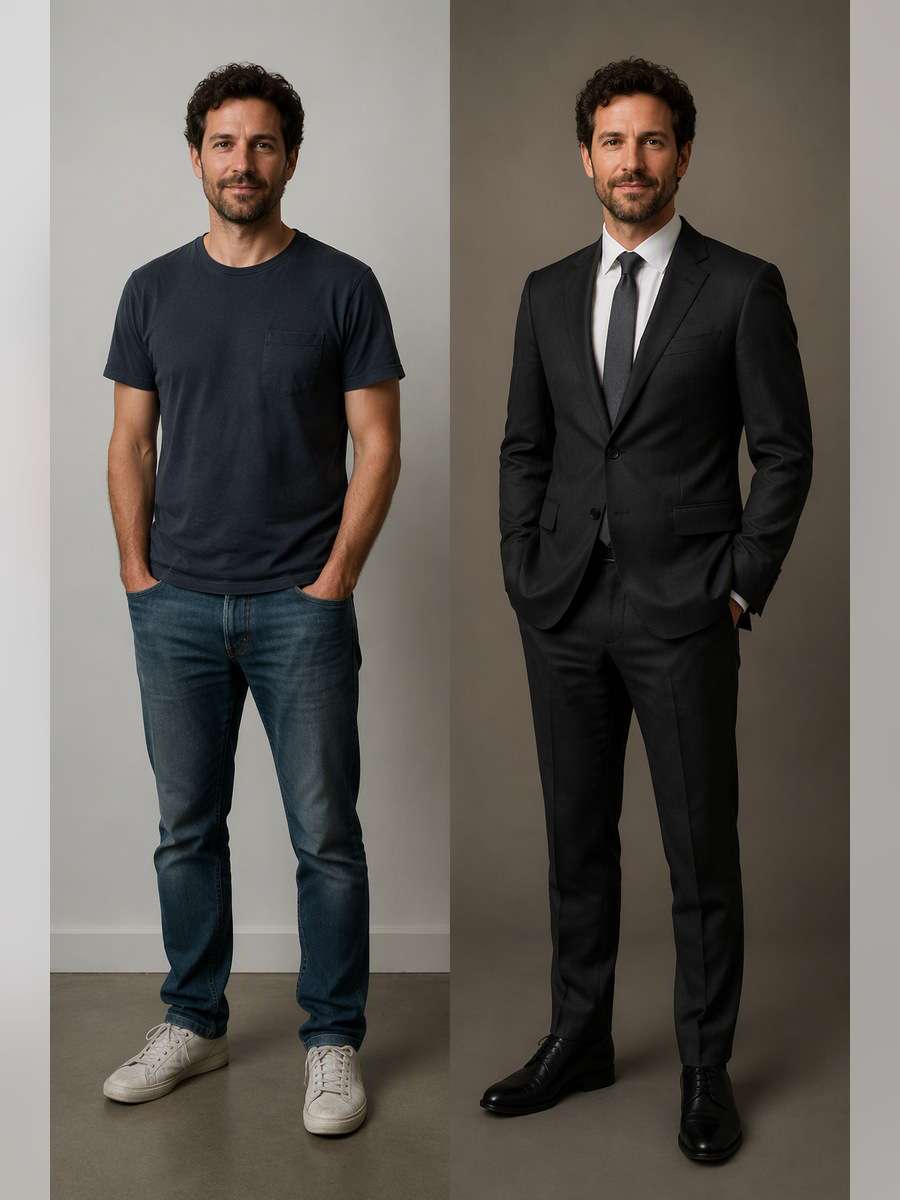 Charcoal Executive Headshot — illustrative image-to-image before and after