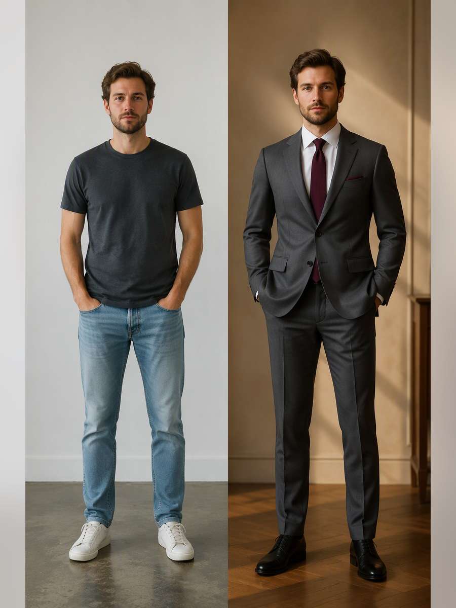 Graphite Suit with Burgundy Tie — illustrative image-to-image before and after