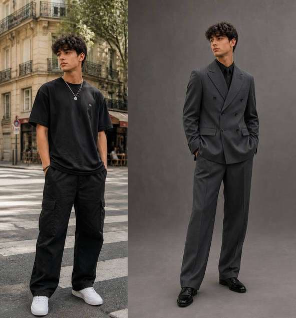 Double-Breasted Slate Tailoring — illustrative image-to-image before and after