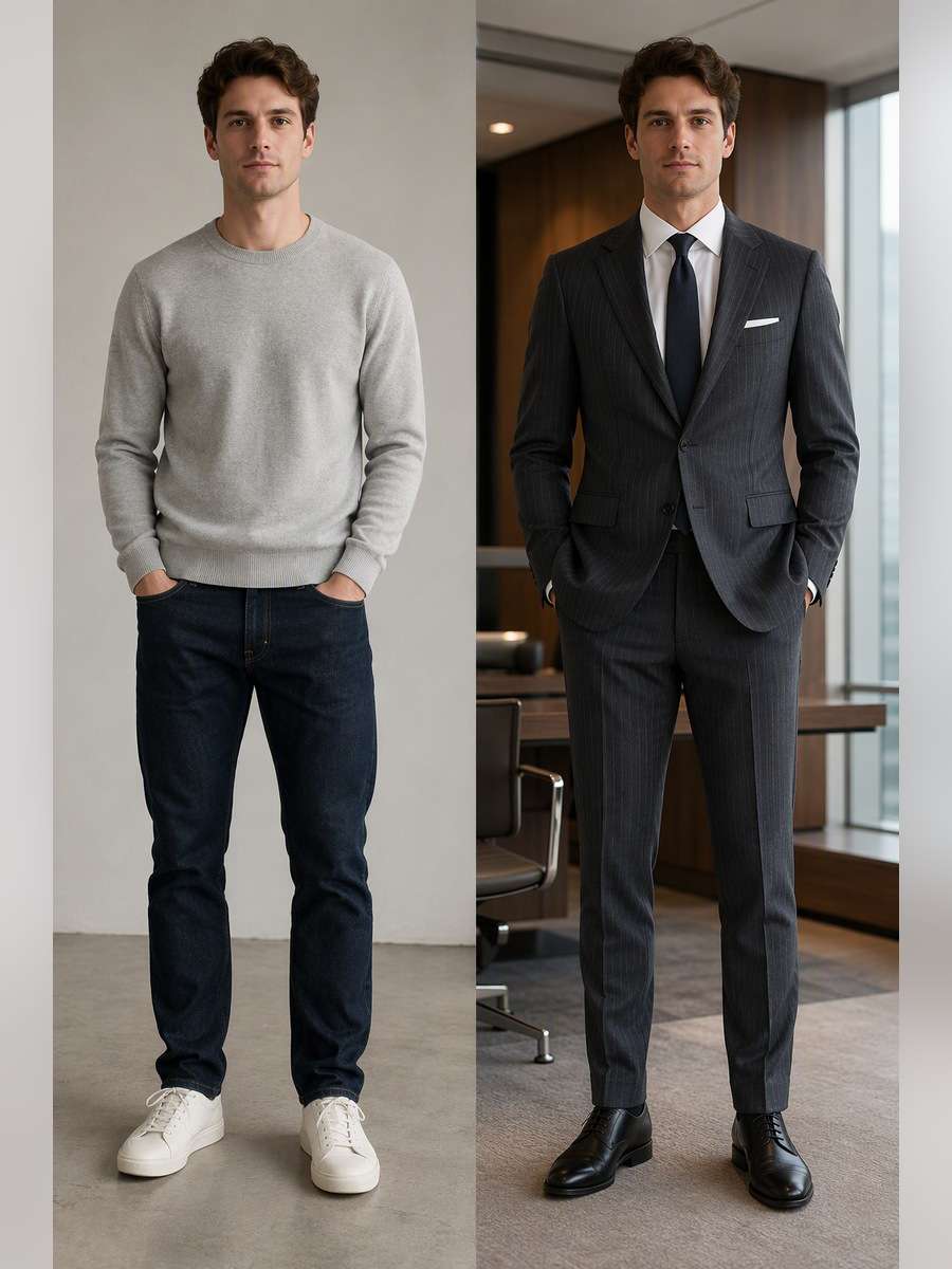 Grey Pinstripe Professional — illustrative image-to-image before and after