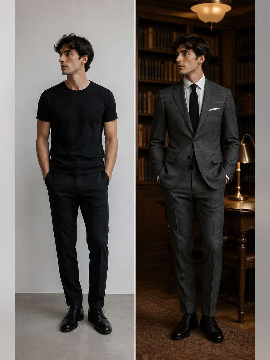 Library Portrait with Check Suit — illustrative image-to-image before and after
