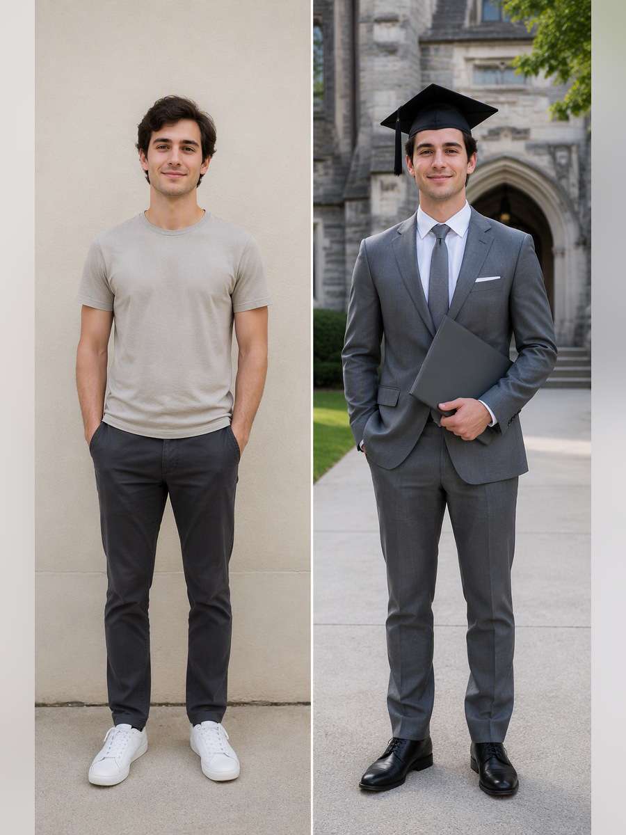 Soft Grey Graduation Portrait — illustrative image-to-image before and after