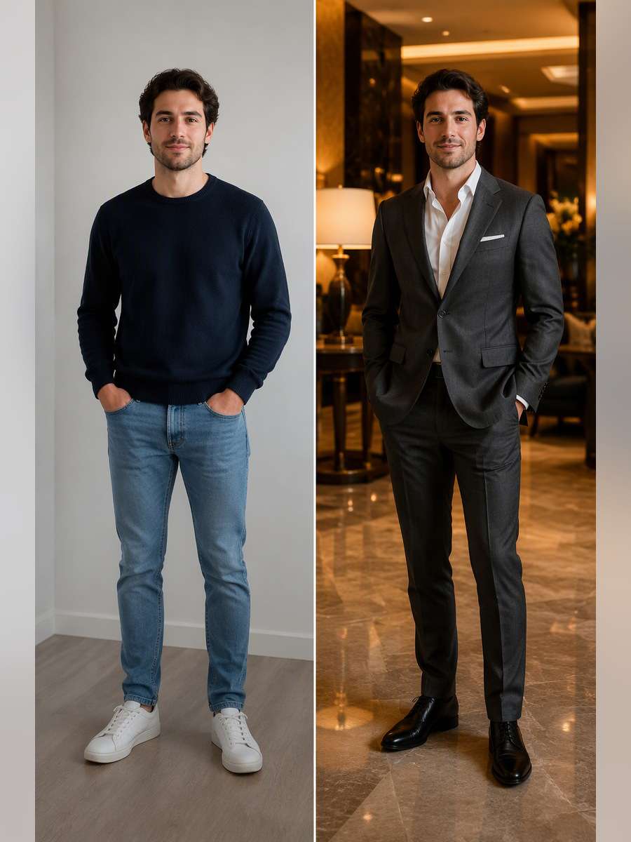 Evening Hotel Lobby — illustrative image-to-image before and after