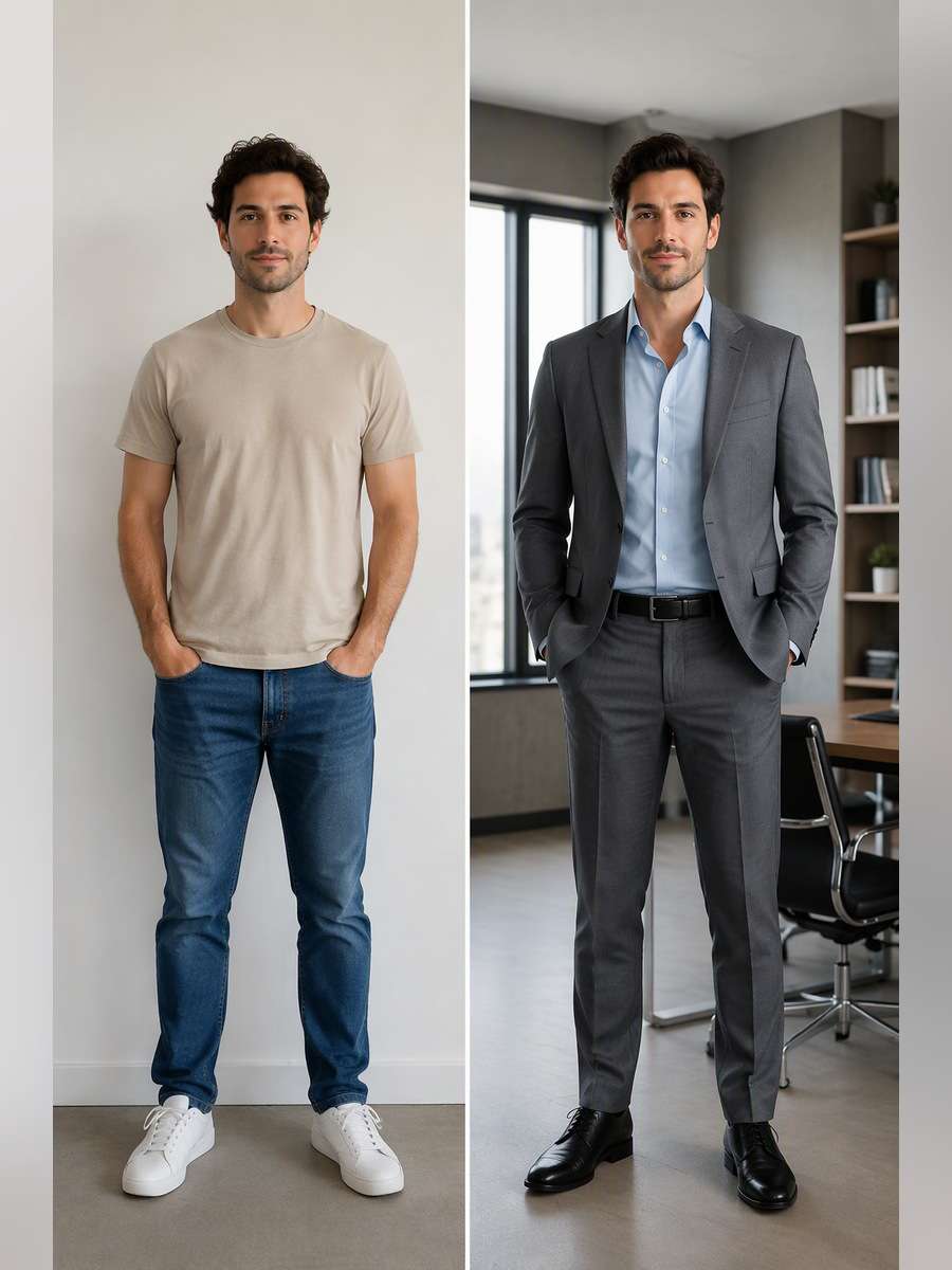 Grey Suit Open-Collar Study — illustrative image-to-image before and after