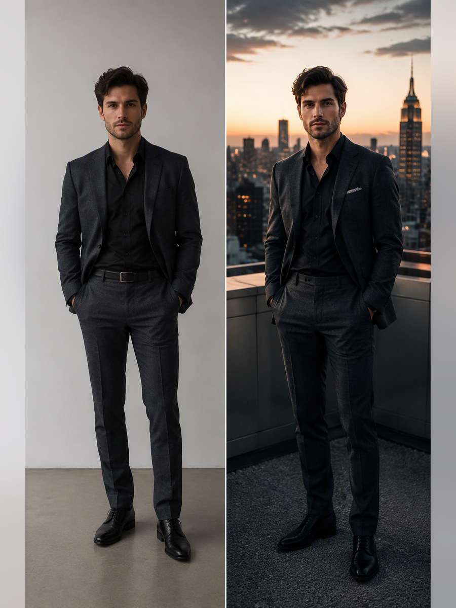 Rooftop Skyline Portrait — illustrative image-to-image before and after