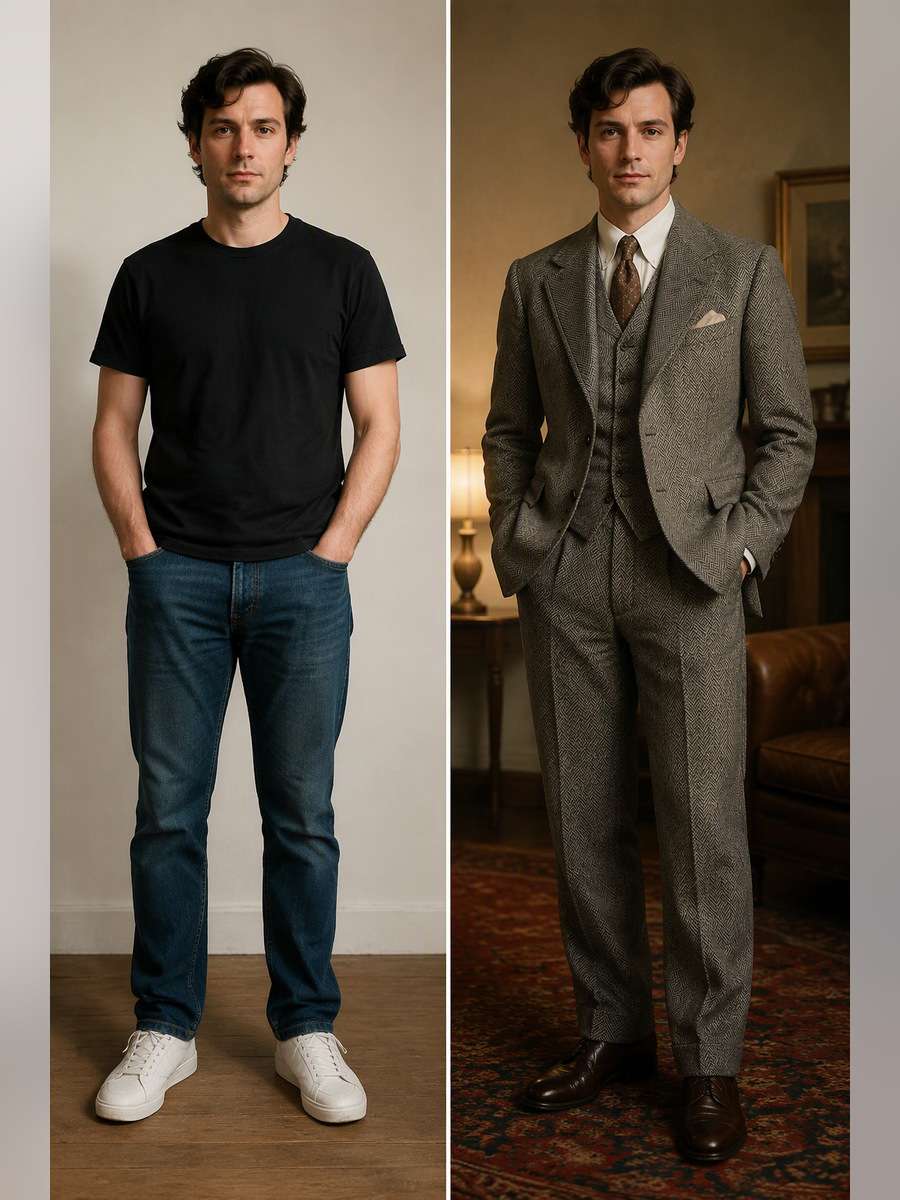 Retro Film Grey Suit — illustrative image-to-image before and after