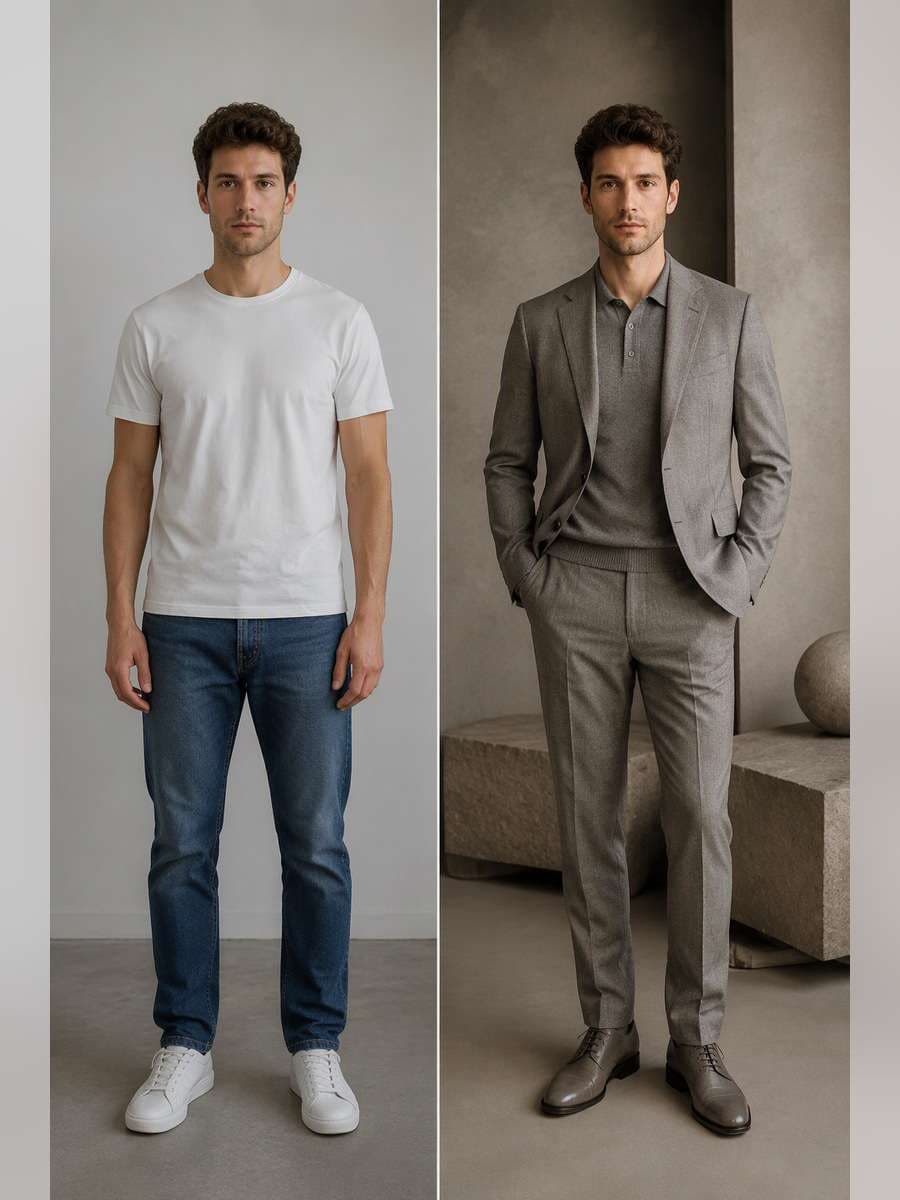 Warm Grey Monochrome Look — illustrative image-to-image before and after