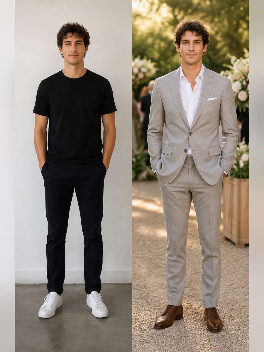 Light Grey Wedding Guest — illustrative image-to-image before and after
