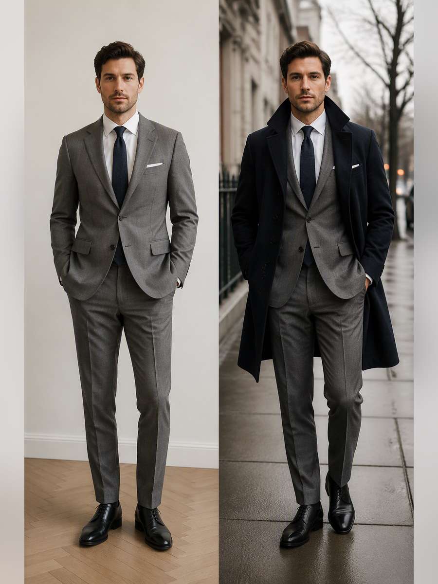 Gray Suit and Navy Overcoat — illustrative image-to-image before and after