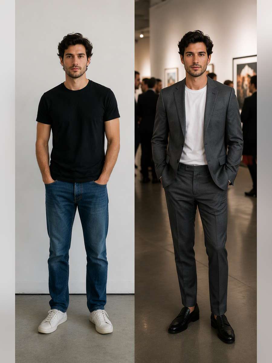 Grey Suit at Gallery Opening — illustrative image-to-image before and after