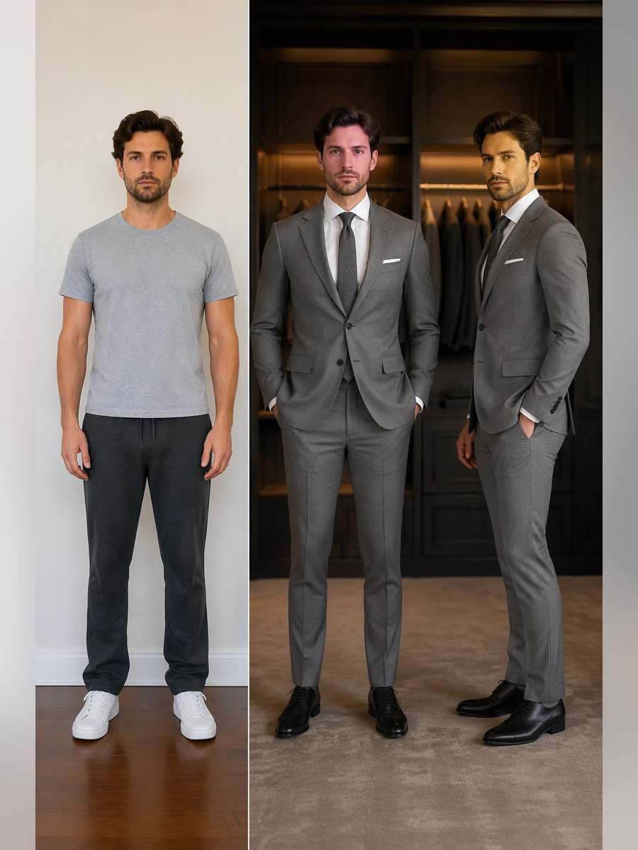 Modern Tailor Fit Check — illustrative image-to-image before and after