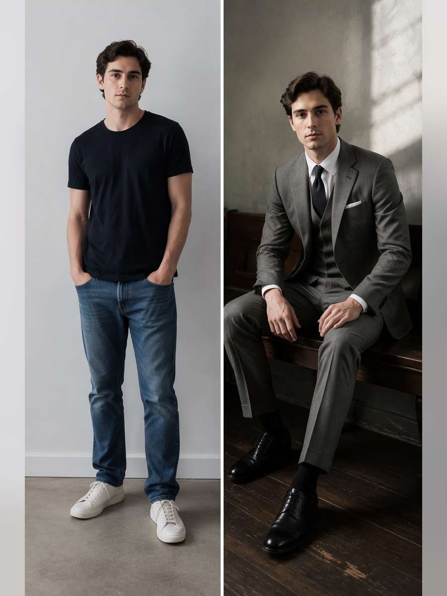 Slate Three-Piece Portrait — illustrative image-to-image before and after