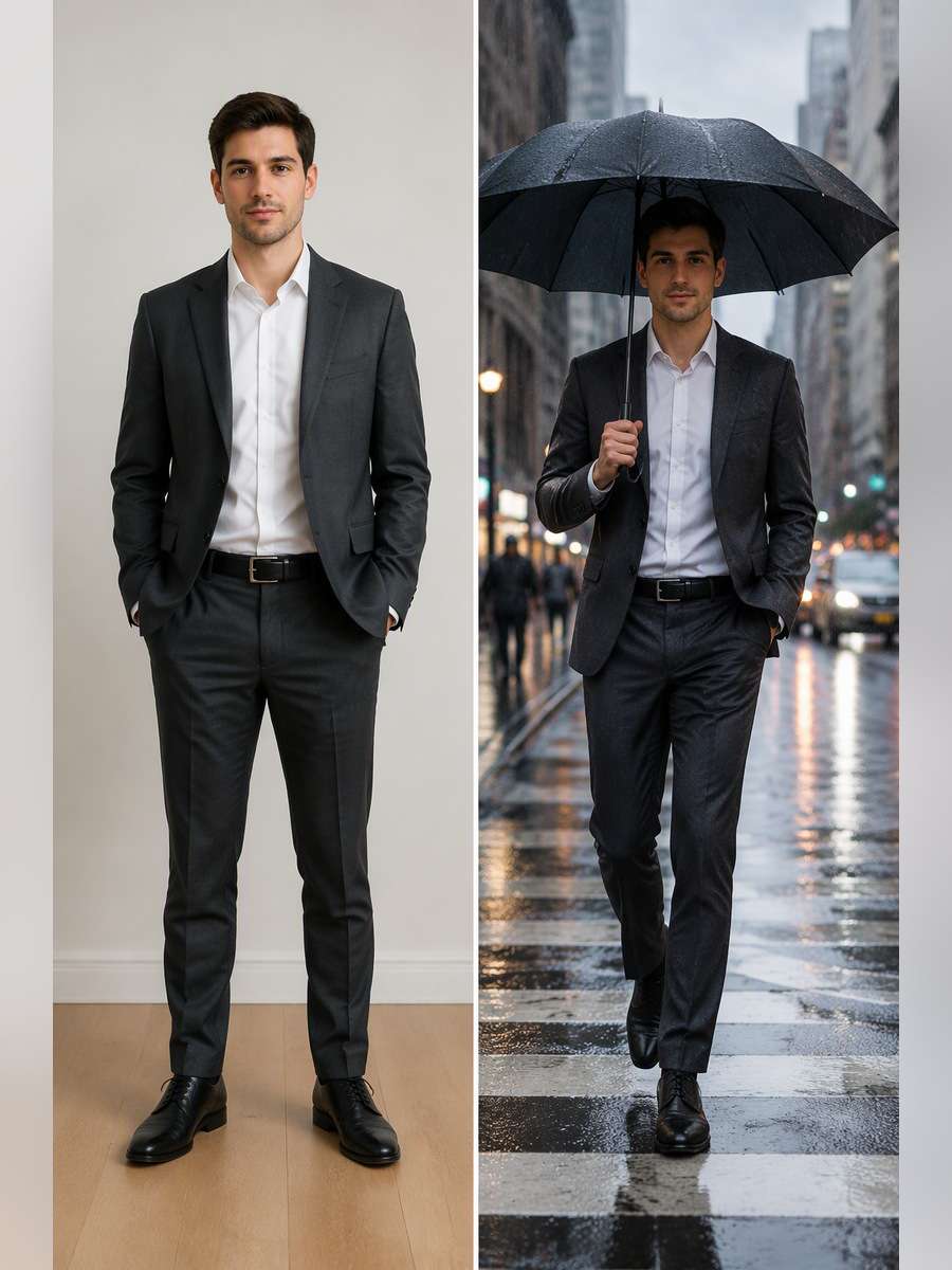 Rainy City Commuter — illustrative image-to-image before and after