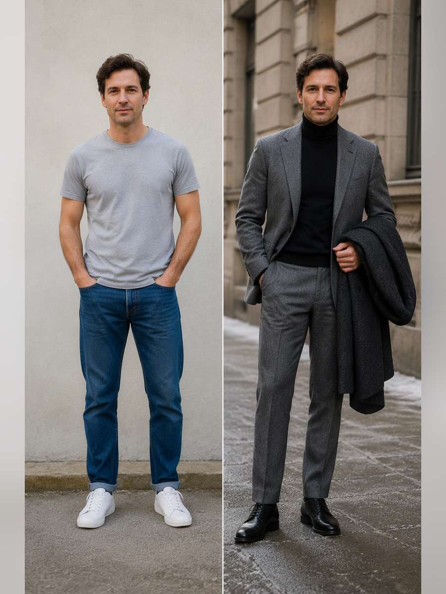 Grey Flannel Winter Look — illustrative image-to-image before and after