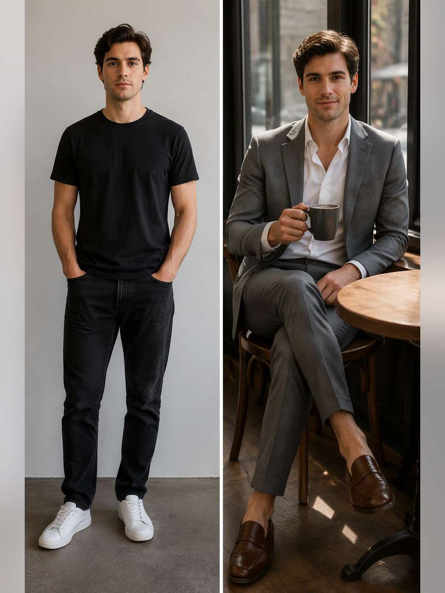 Morning Coffee Business Casual — illustrative image-to-image before and after