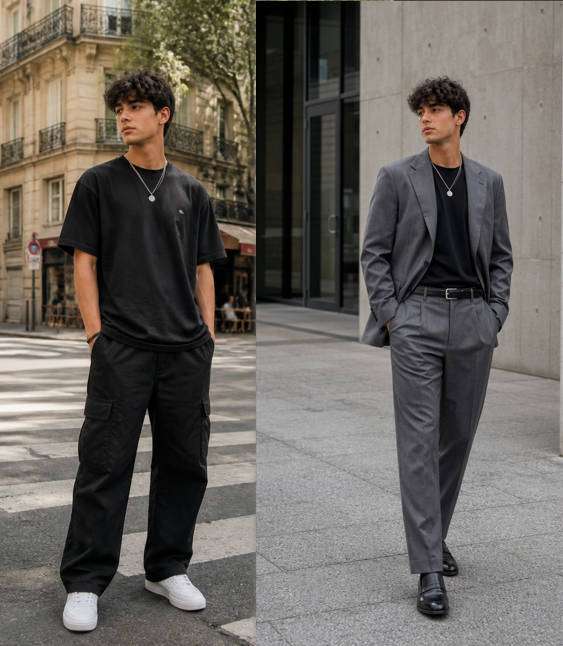 Steel Grey Urban Editorial — illustrative image-to-image before and after