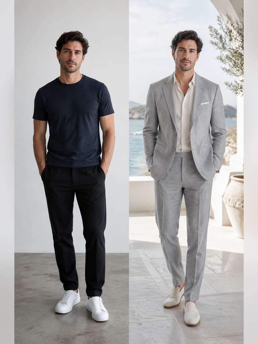 Dove Grey Summer Linen Suit — illustrative image-to-image before and after
