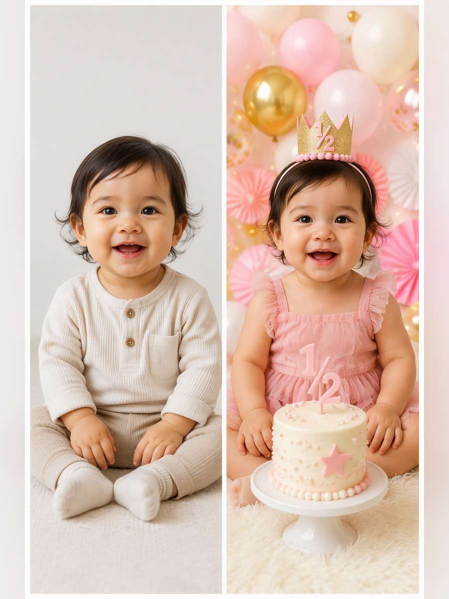 Little Crown Milestone Portrait - illustrative image-to-image before and after