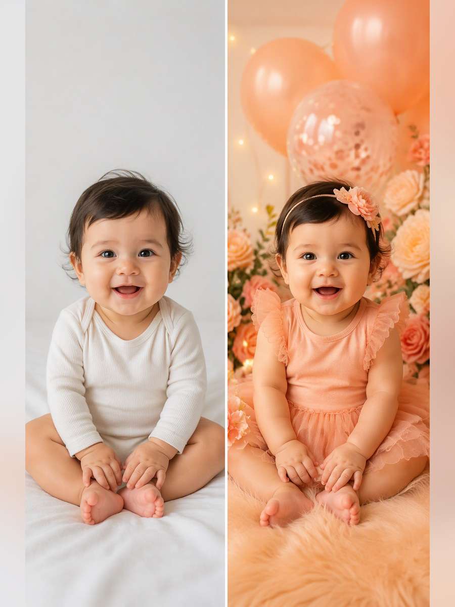 Peach Milestone Portrait - illustrative image-to-image before and after