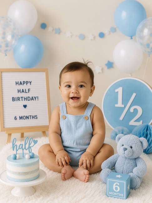 Blue and White Milestone Portrait - illustrative image-to-image before and after