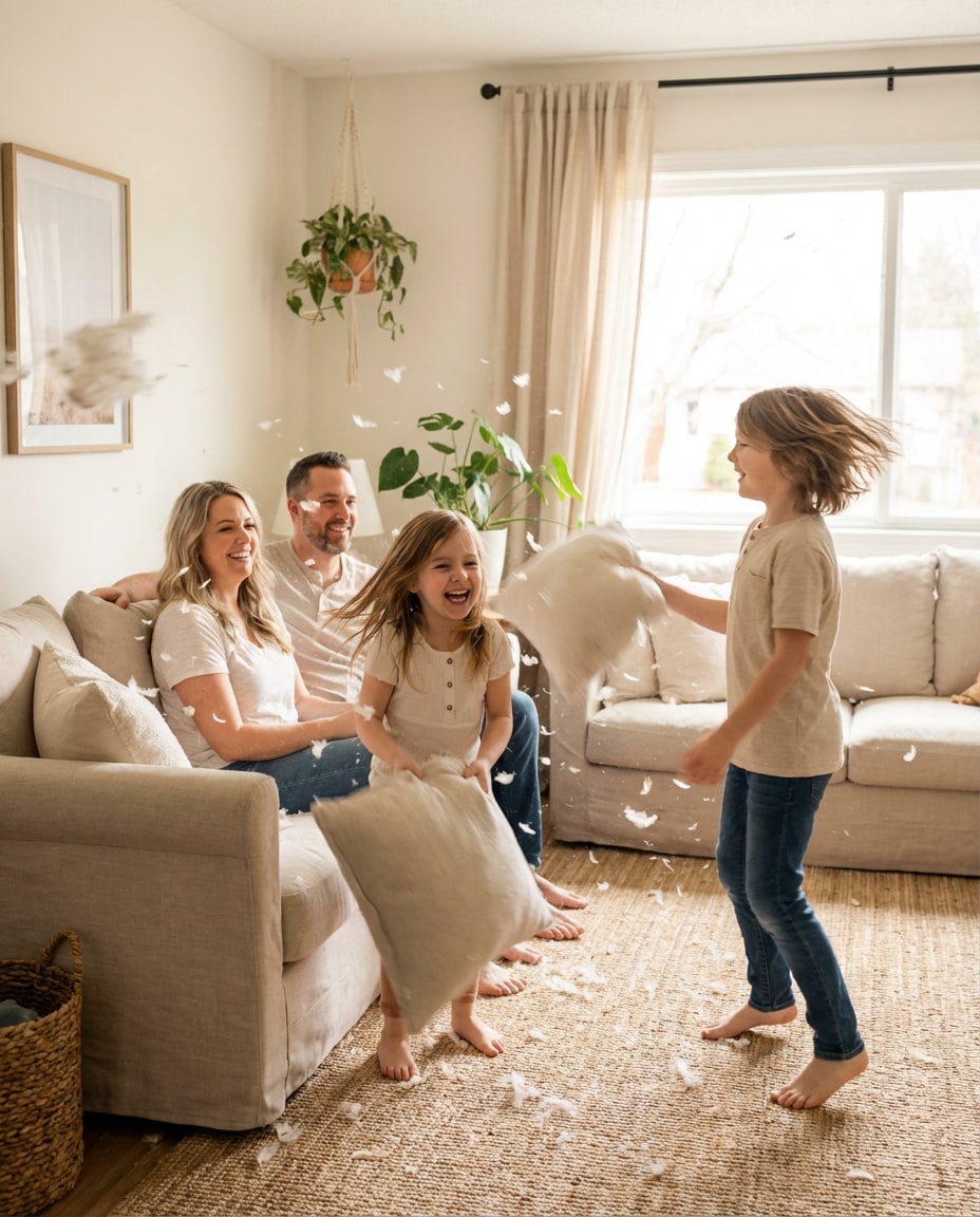 living room pillow fight photo