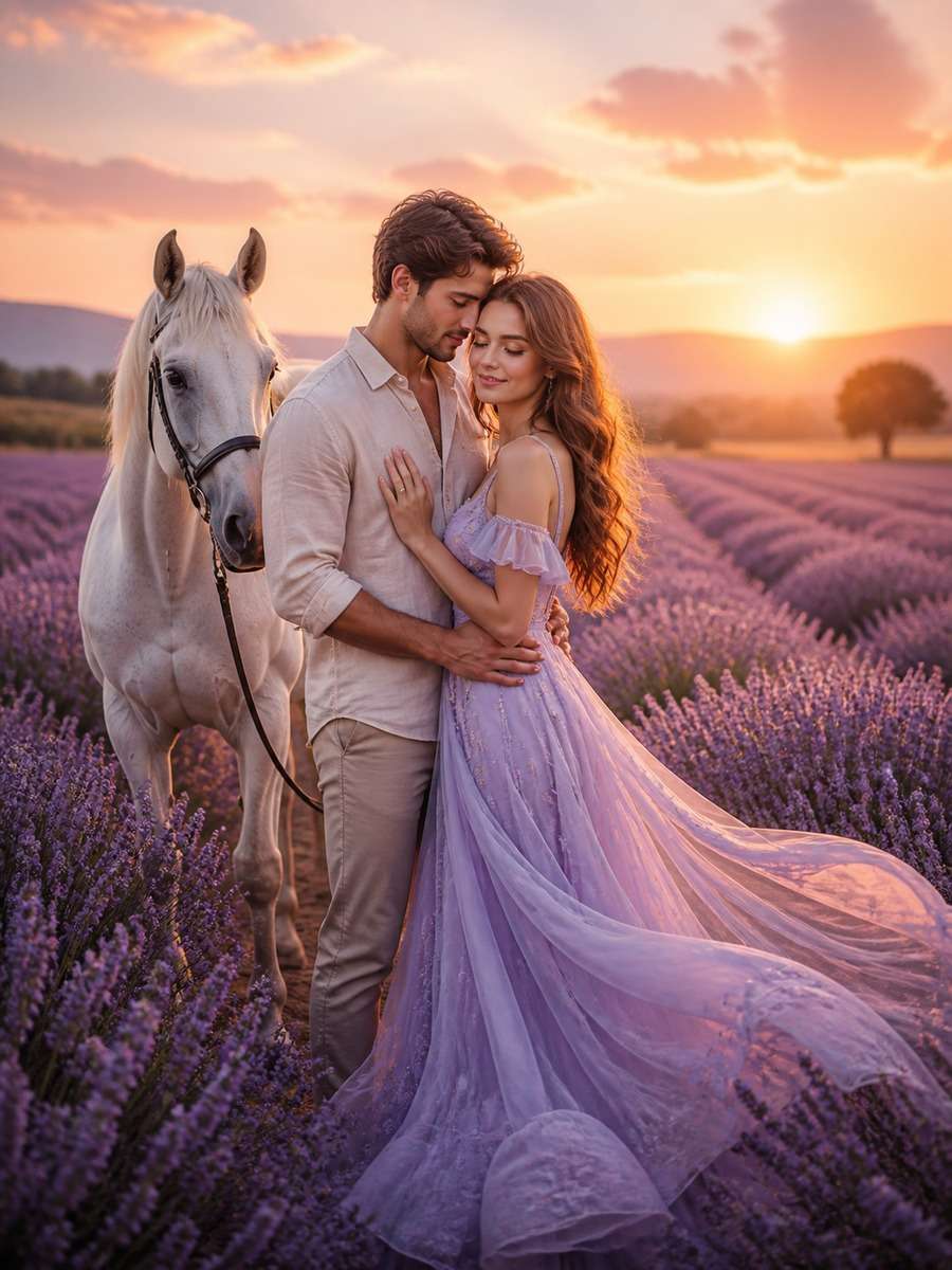 Lavender Field Horse Couple photo