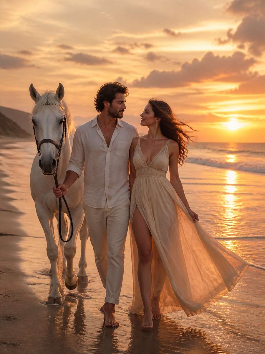 Sunset Beach Horse Scene photo
