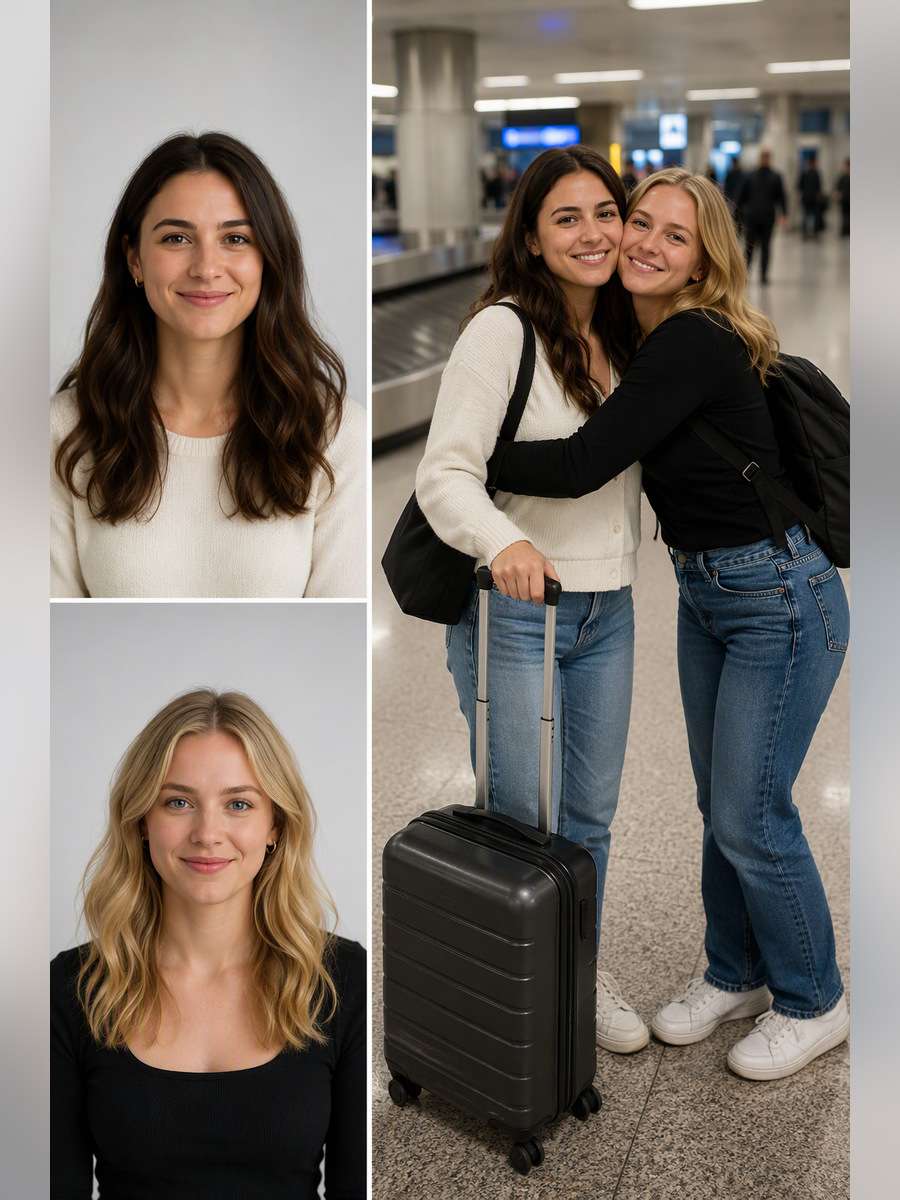 Airport Arrivals Hug — illustrative image-to-image before and after