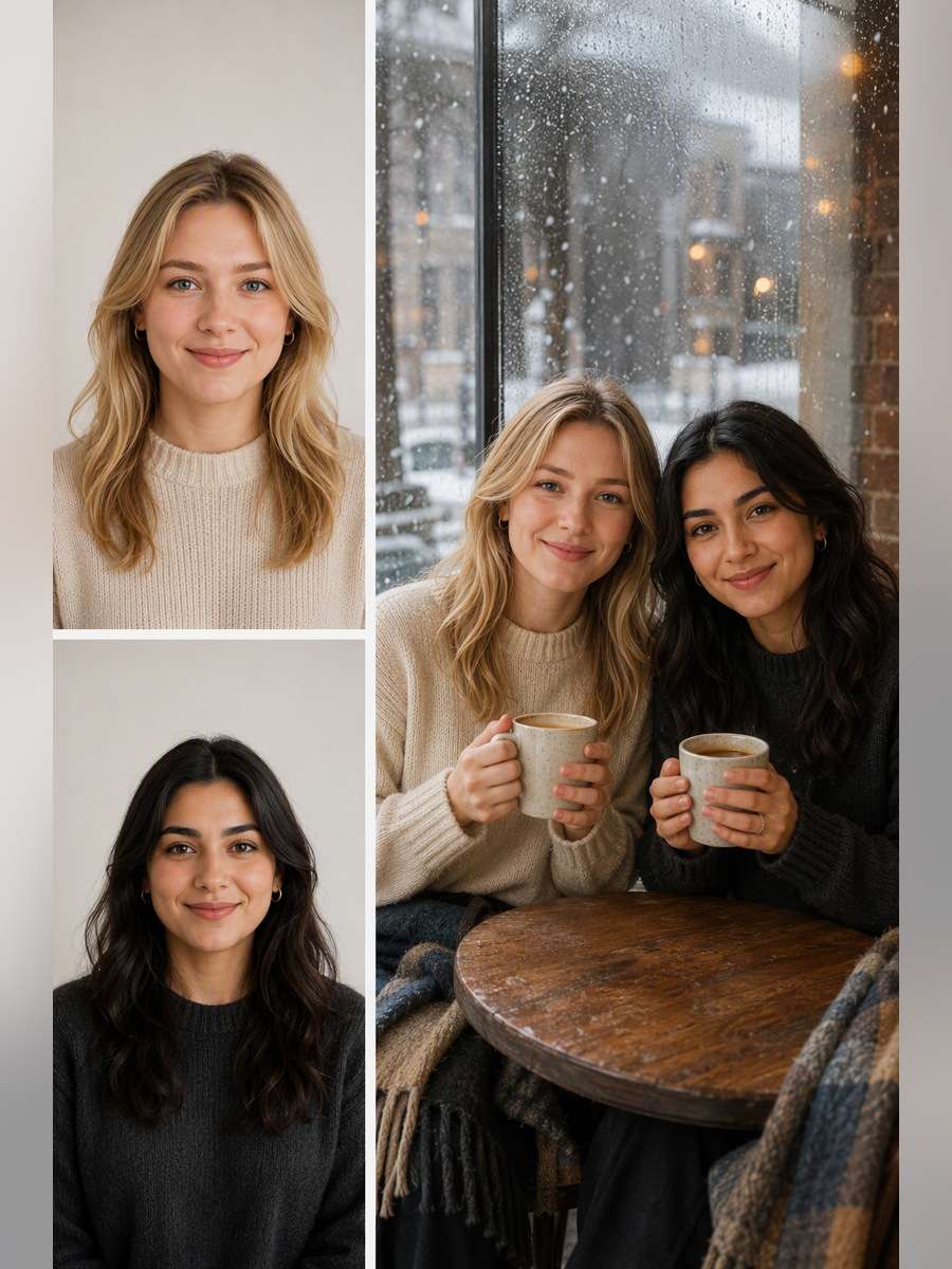 Snow-Day Coffee Window — illustrative image-to-image before and after