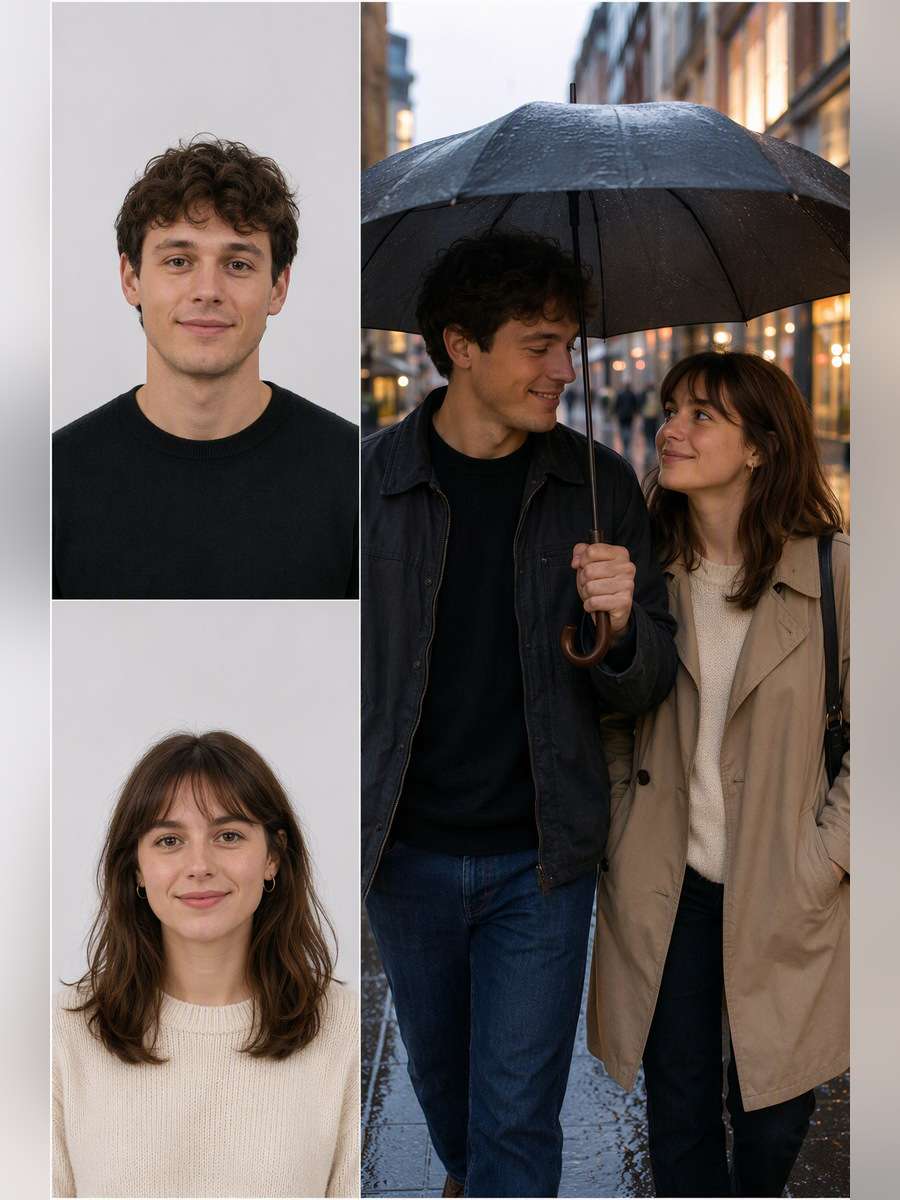 Rainy Umbrella Walk — illustrative image-to-image before and after