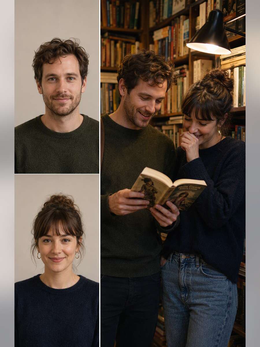 Bookstore Corner Portrait — illustrative image-to-image before and after