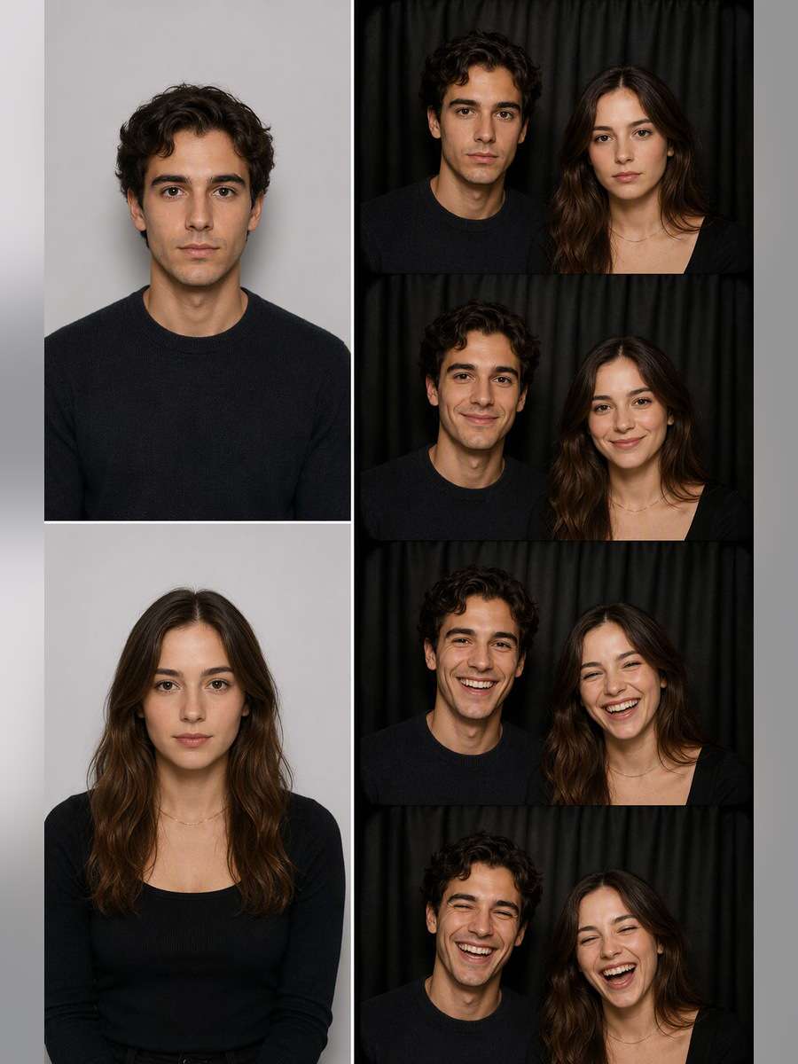Photo Booth Four Frames — illustrative image-to-image before and after