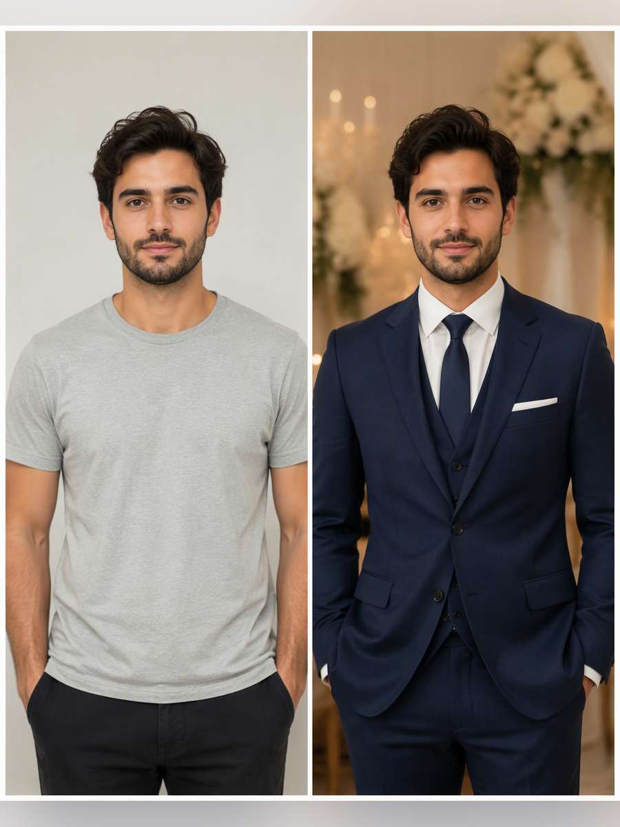 Modern Groom Guest Style - illustrative image-to-image before and after