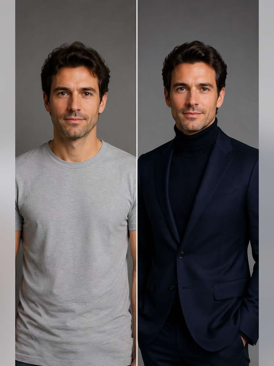 Navy Suit With Turtleneck - illustrative image-to-image before and after