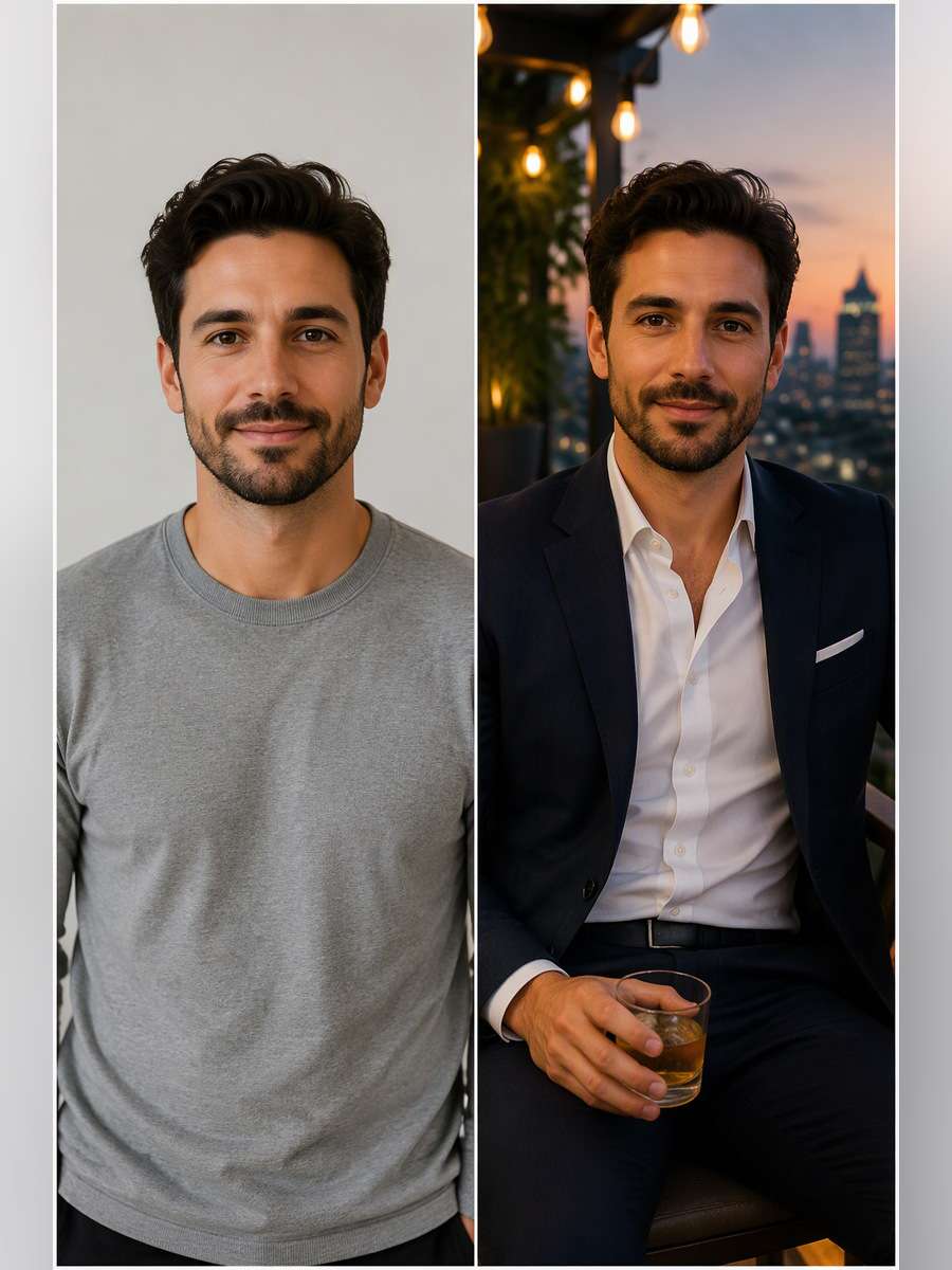 After-Work Terrace Portrait - illustrative image-to-image before and after