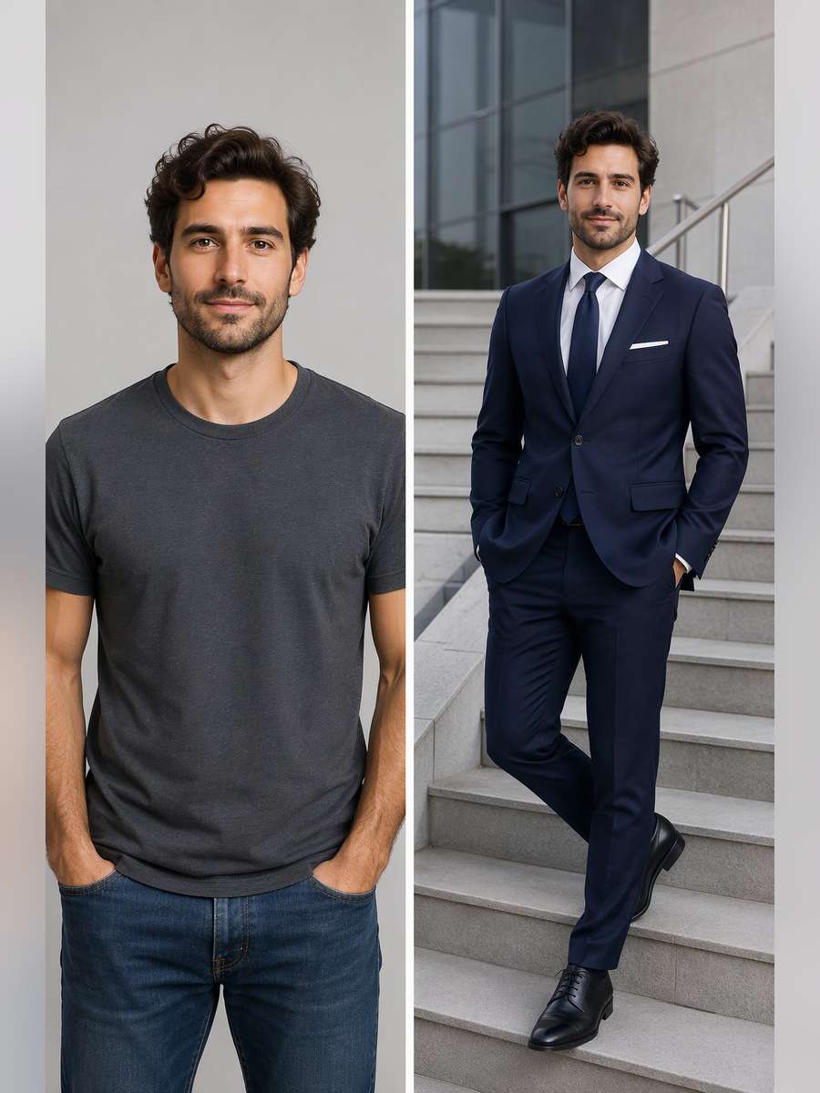 Navy Suit on Stairs - illustrative image-to-image before and after