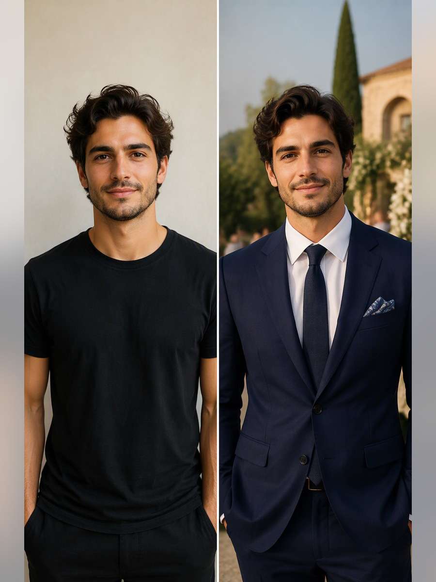 Wedding Guest Navy Look - illustrative image-to-image before and after