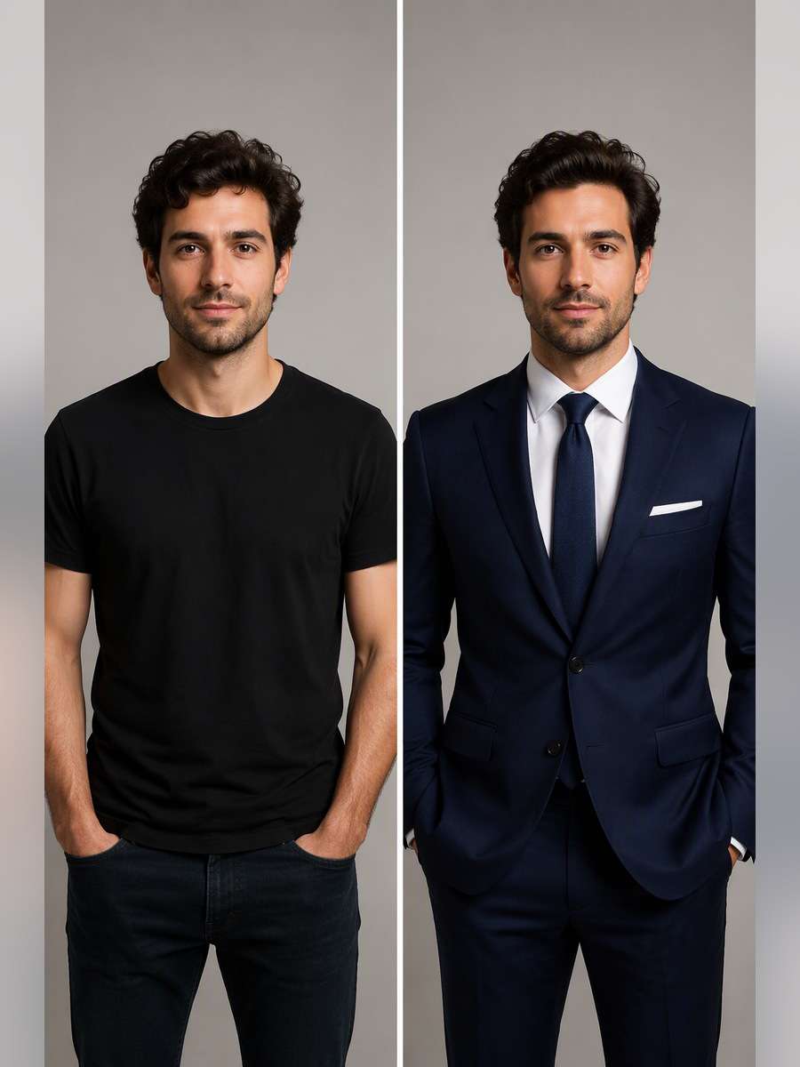 Minimal Studio Navy Suit - illustrative image-to-image before and after
