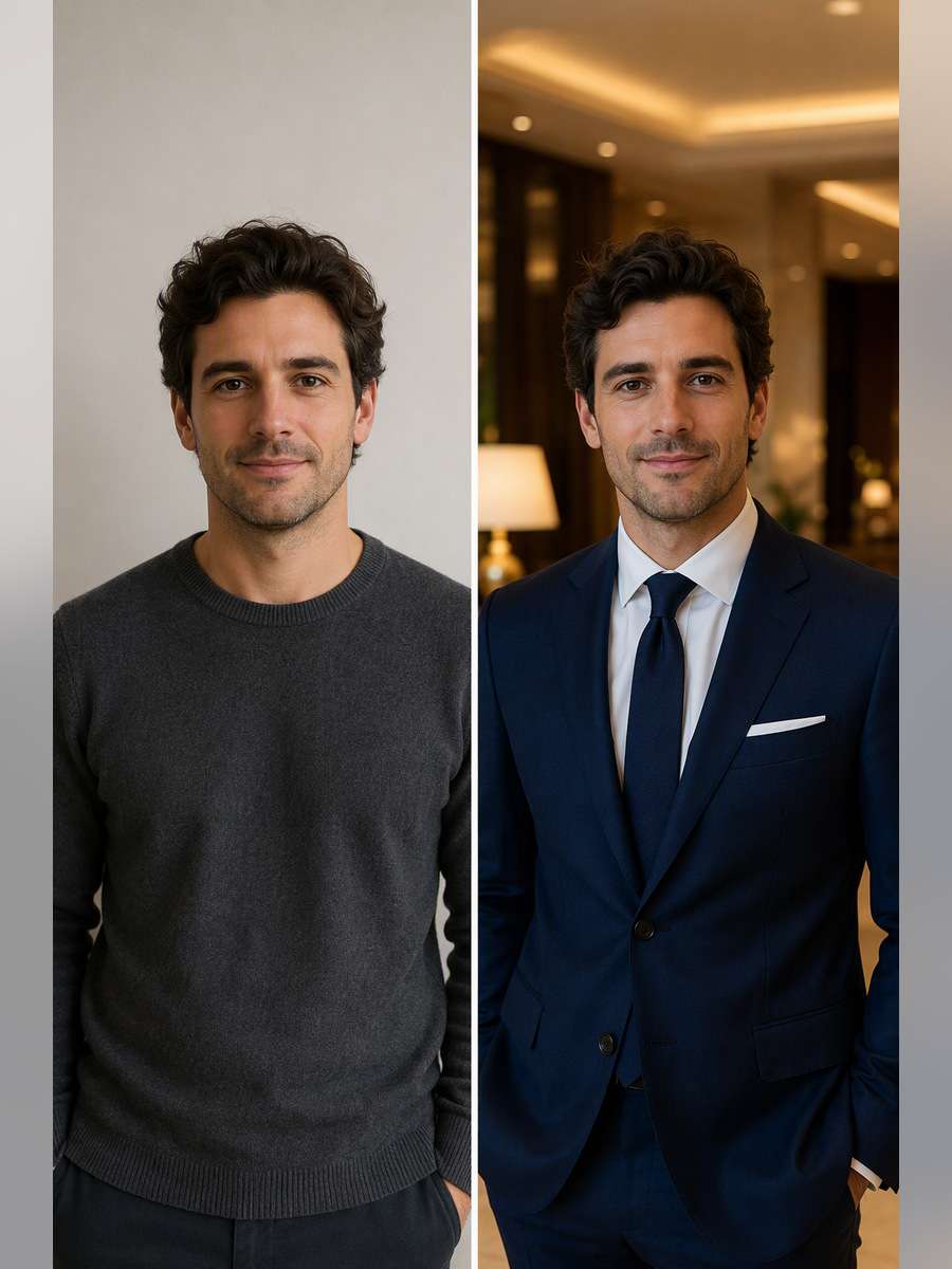 Hotel Lobby Confidence - illustrative image-to-image before and after